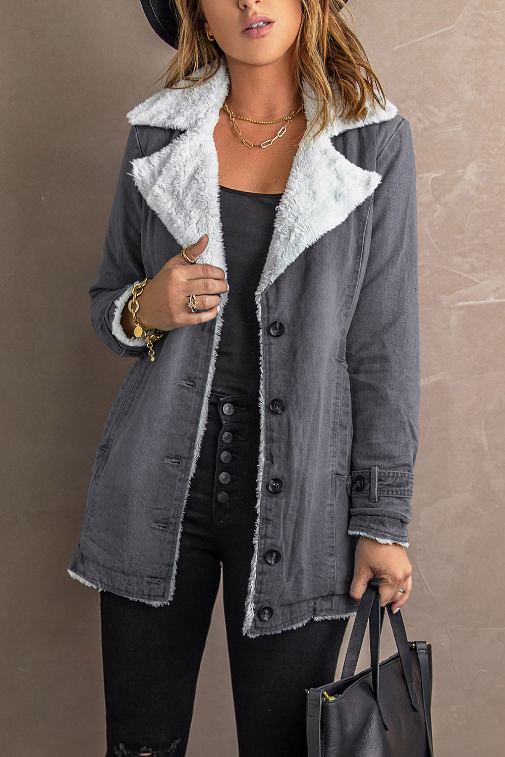 Gray Lapel Collar Fleece Jacket(Plus Size Available)