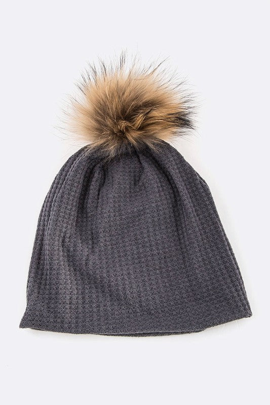 Faux Fur Pom Cotton Slouchy Beanie