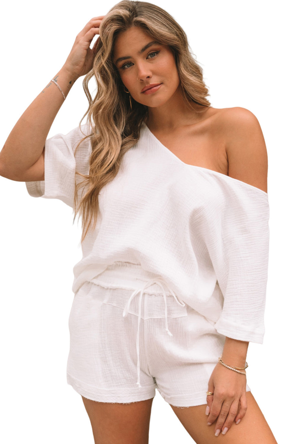 White Relaxed Off Shoulder Blouse and Drawstring Shorts Set