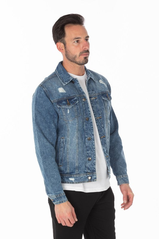 Men's Dark Blue Distressed Denim Jacket