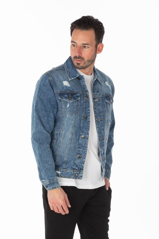 Men's Dark Blue Distressed Denim Jacket