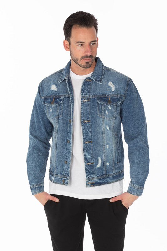 Men's Dark Blue Distressed Denim Jacket