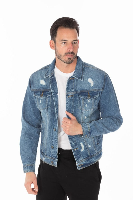 Men's Dark Blue Distressed Denim Jacket