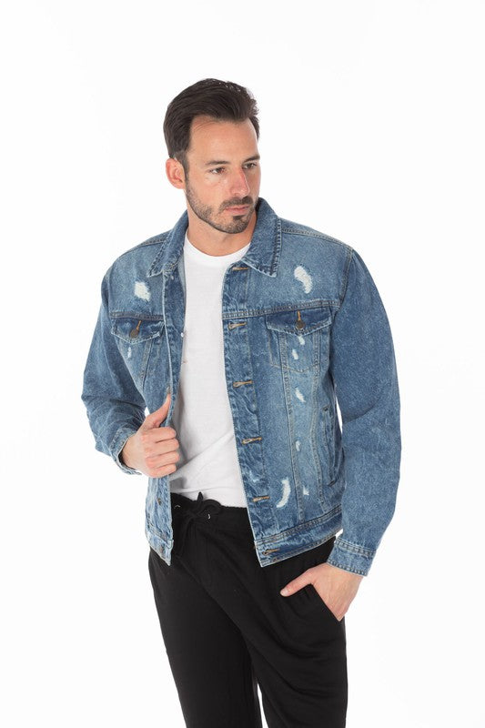 Men's Dark Blue Distressed Denim Jacket