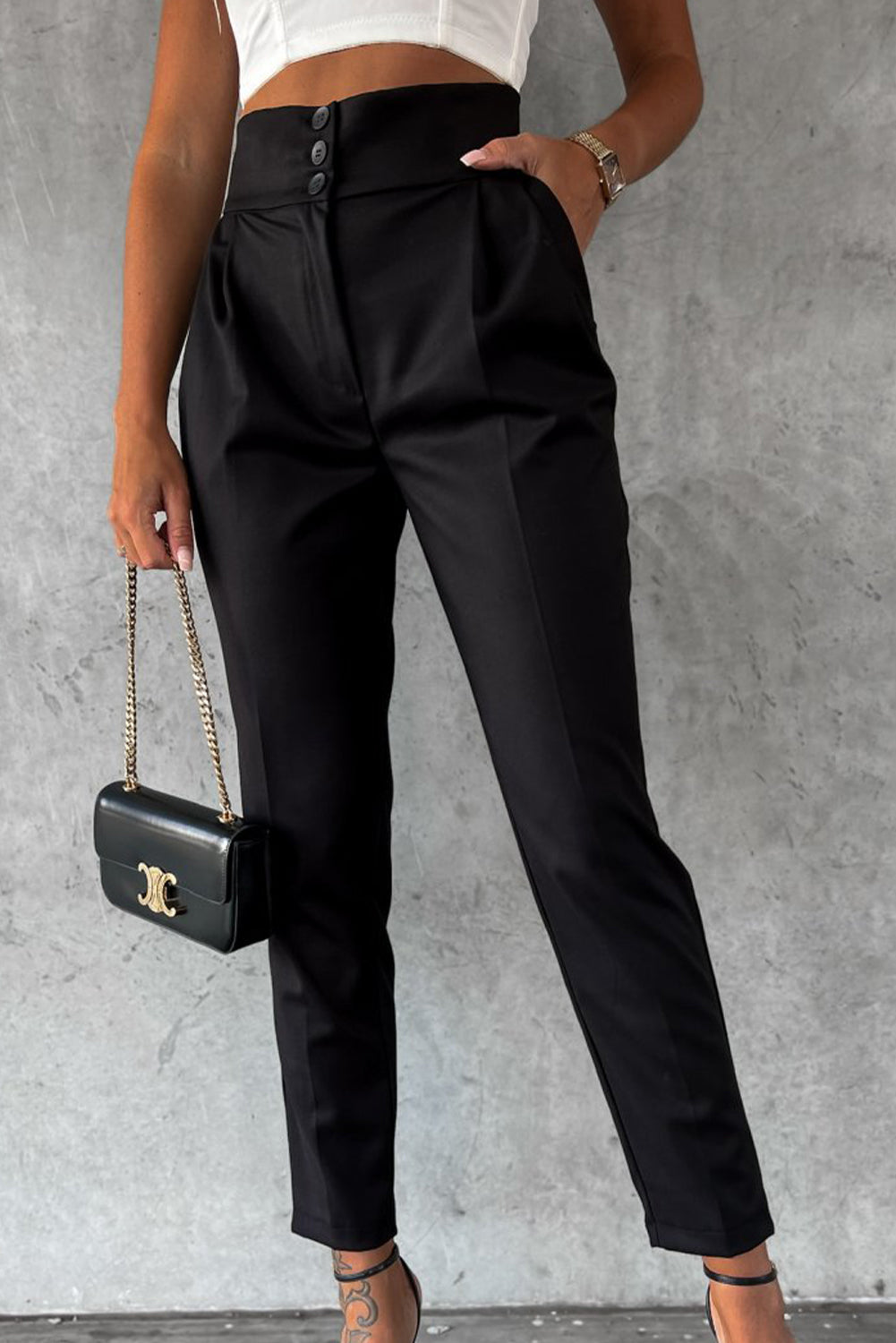 Black Button Up High Waist Tapered Pants