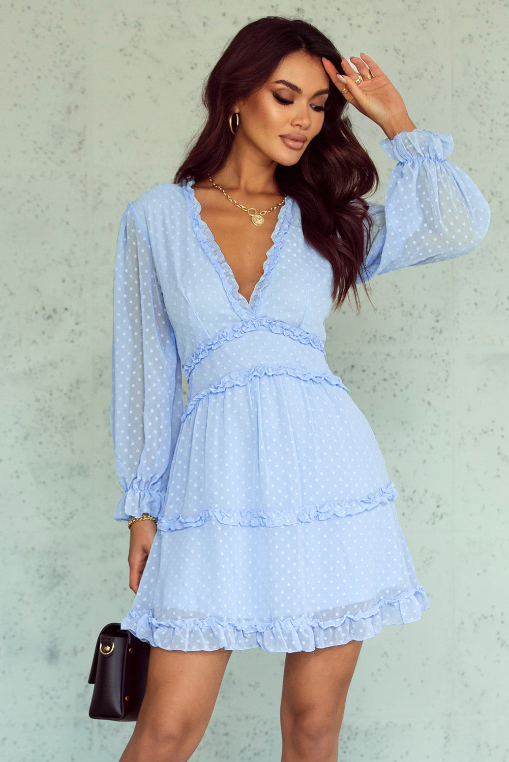 Sky Blue Layered Puff Sleeve Mini Dress