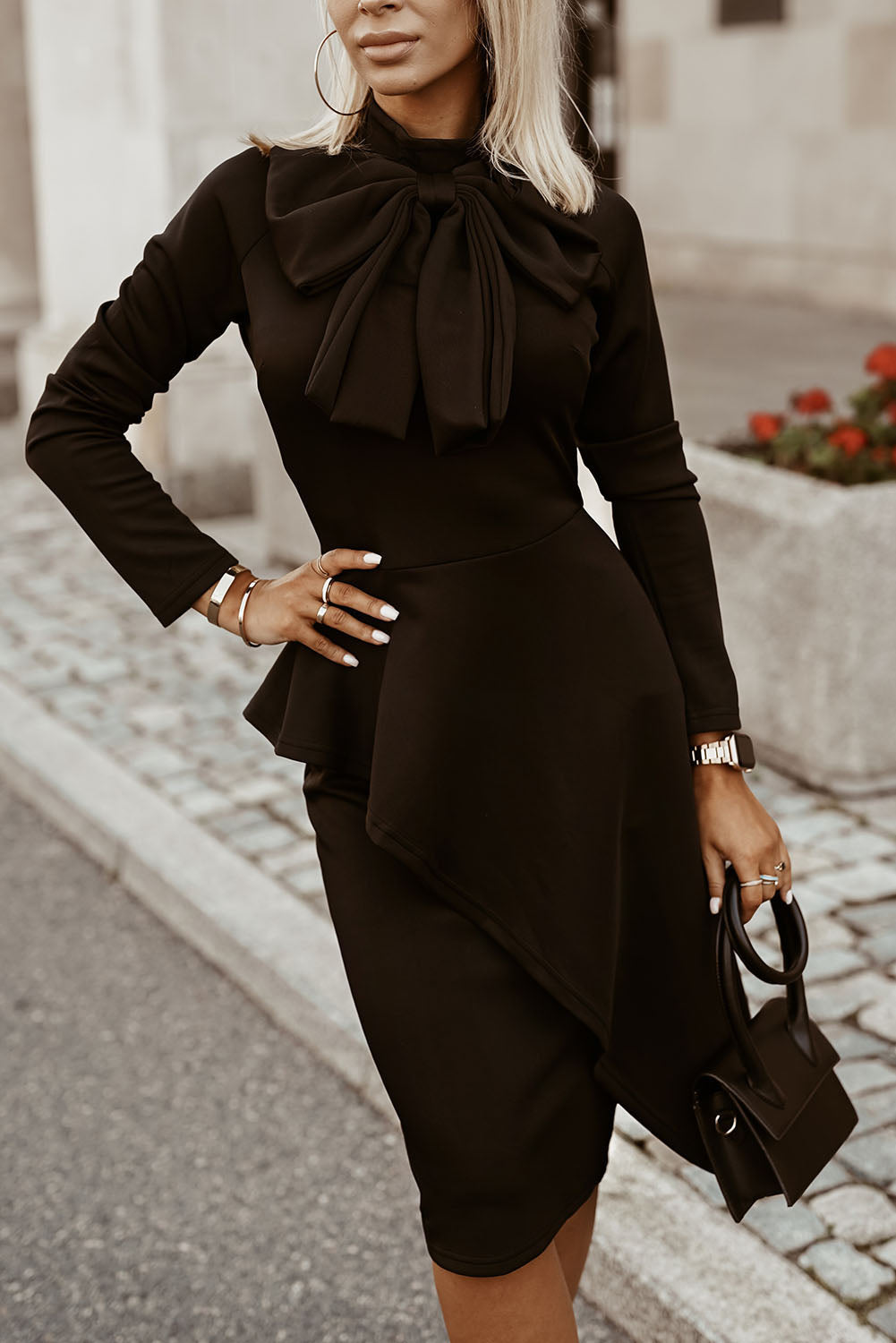 Modest Asymmetric Peplum Style Bow Dress