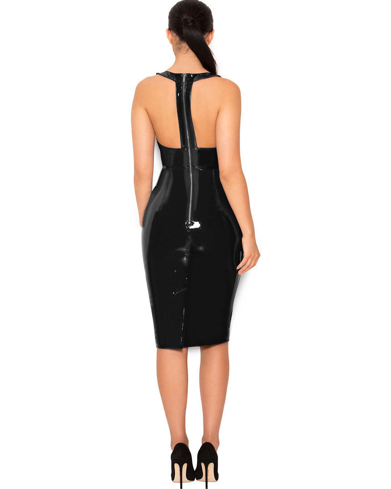 Shiny PU Leather Sleeveless V-neck Pencil Dress