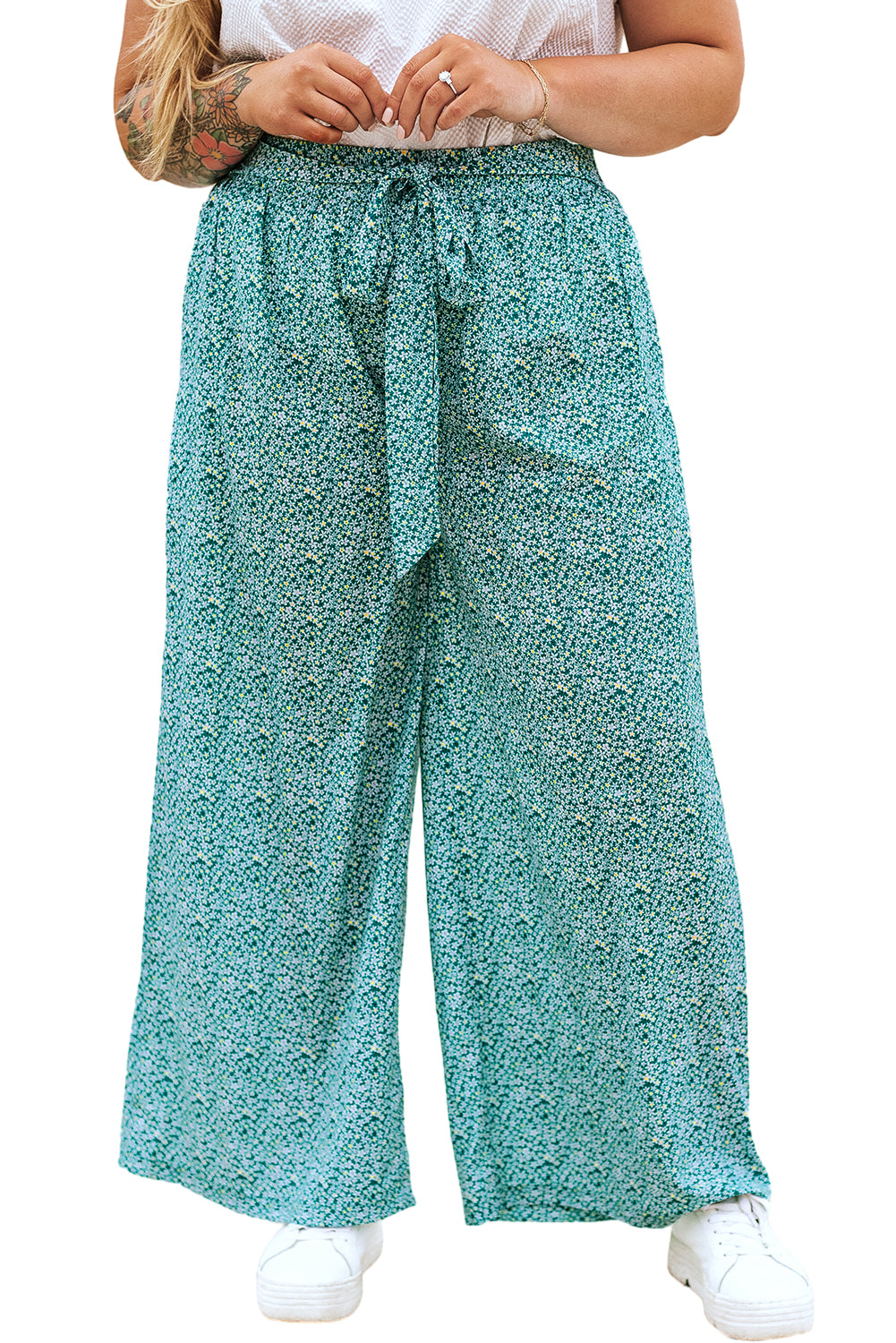 Green Plus Size Floral Wide Leg Pants