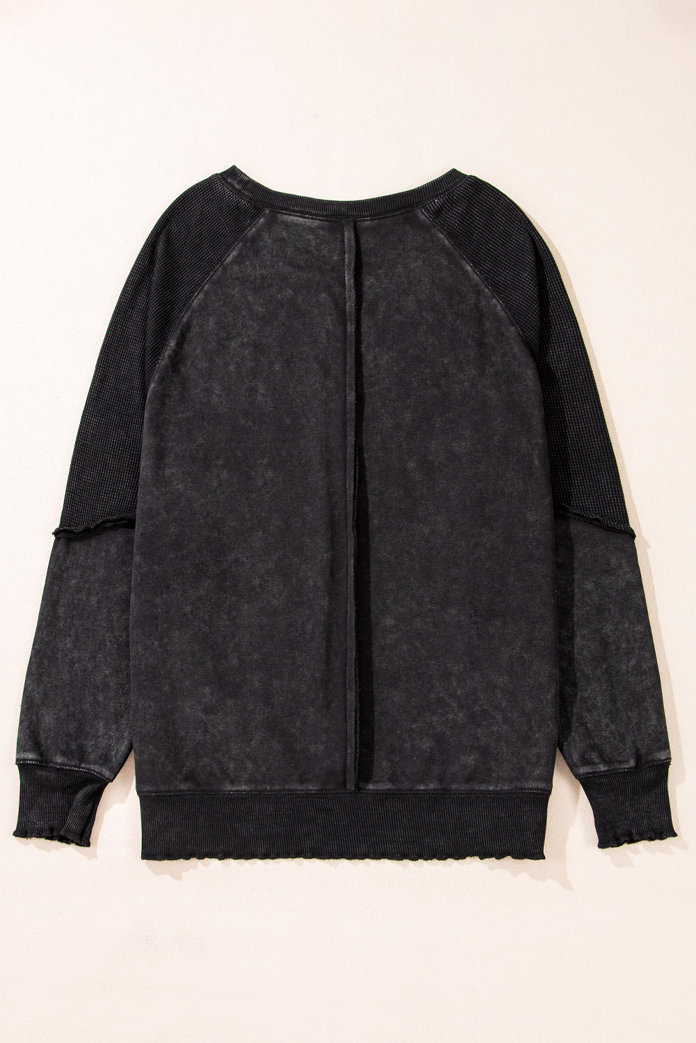 Waffle Patchwork Raglan Sleeve Exposed Seam Sweatshirt