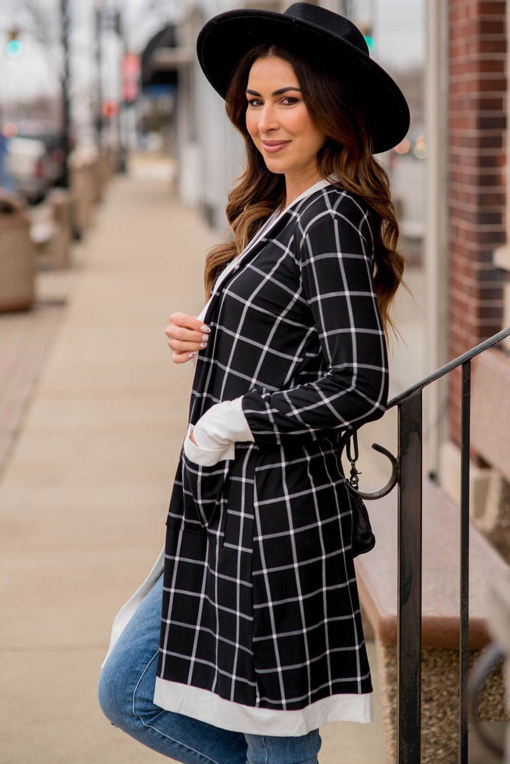 Black Plaid Open Cardigan with Pocket