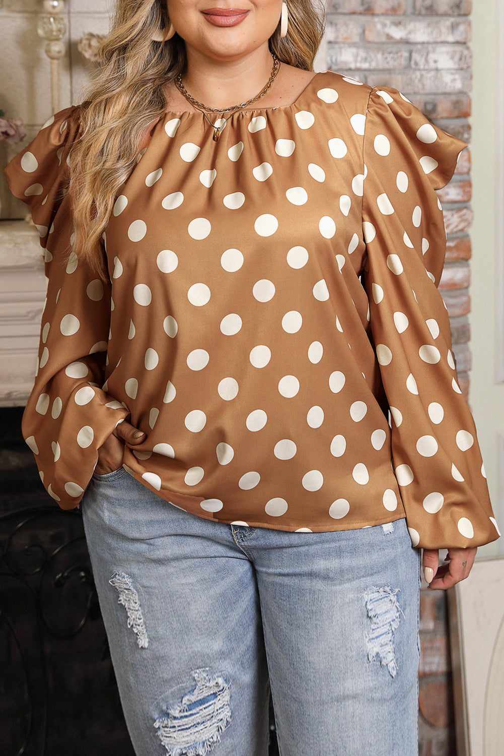 Khaki Plus Size Polka Dot Ruched Neckline Blouse