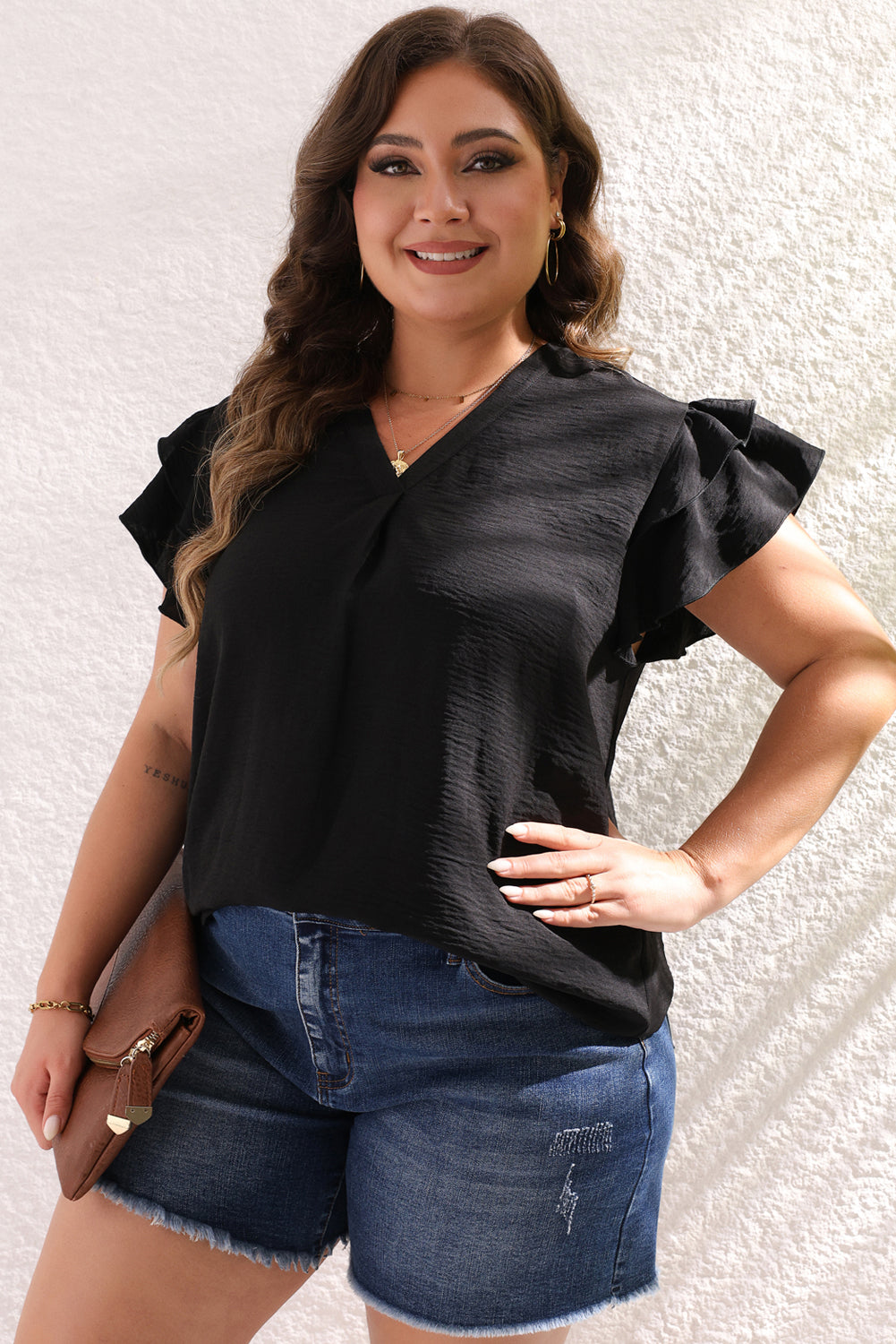 Black Ruffled Short Sleeve Plus Size Blouse