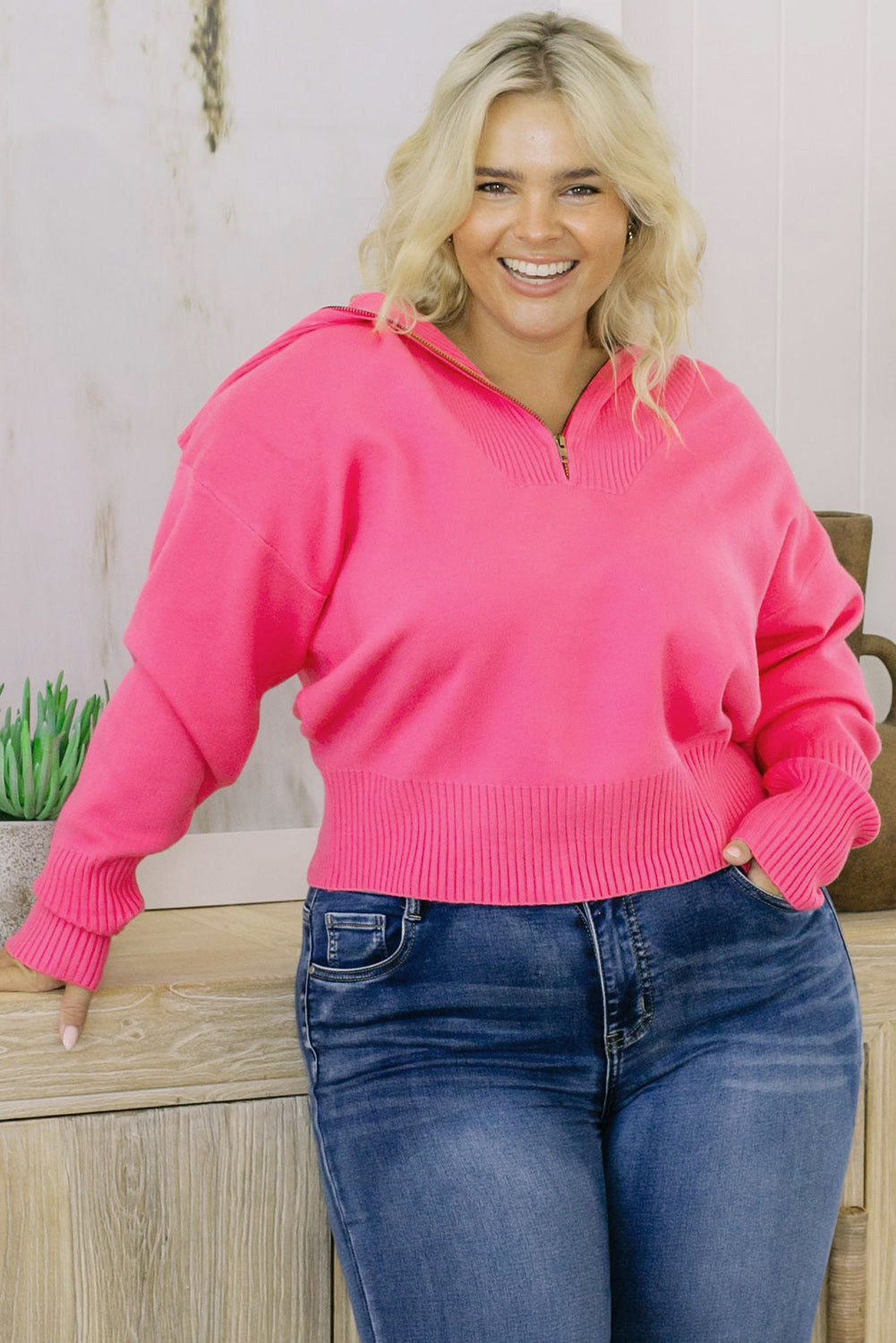 Brown Plus Size Zip Collar Sweater