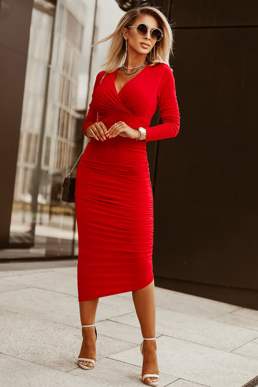 Fiery Red Wrap Ruched Bodycon Dress