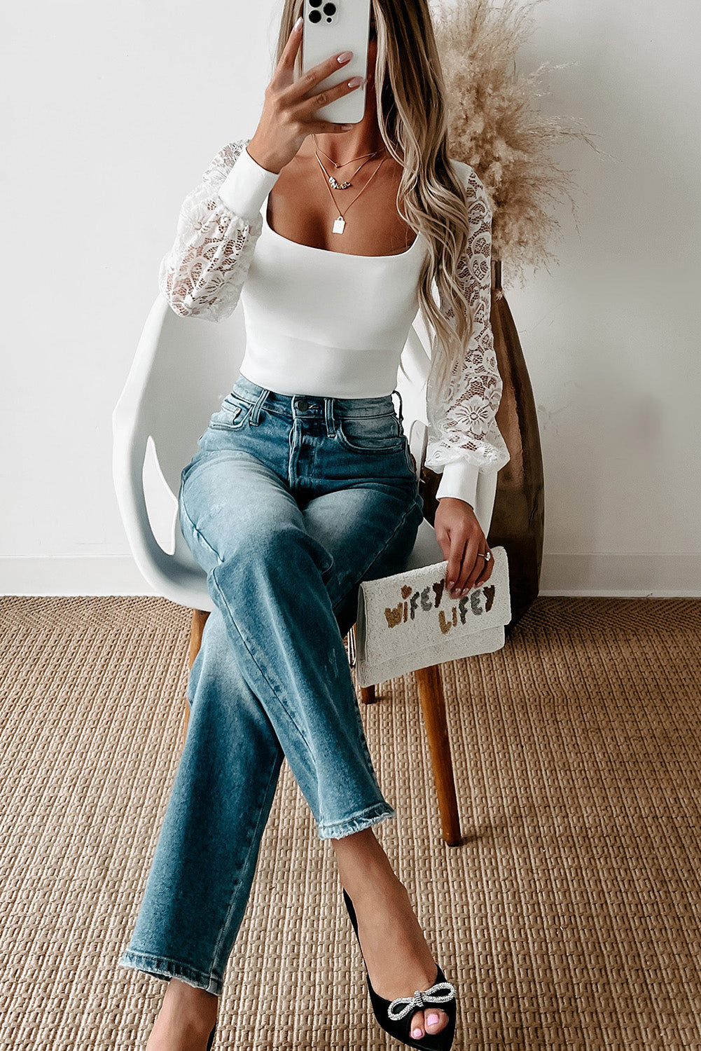 Sexy White Bodysuit With Lace Sleeves