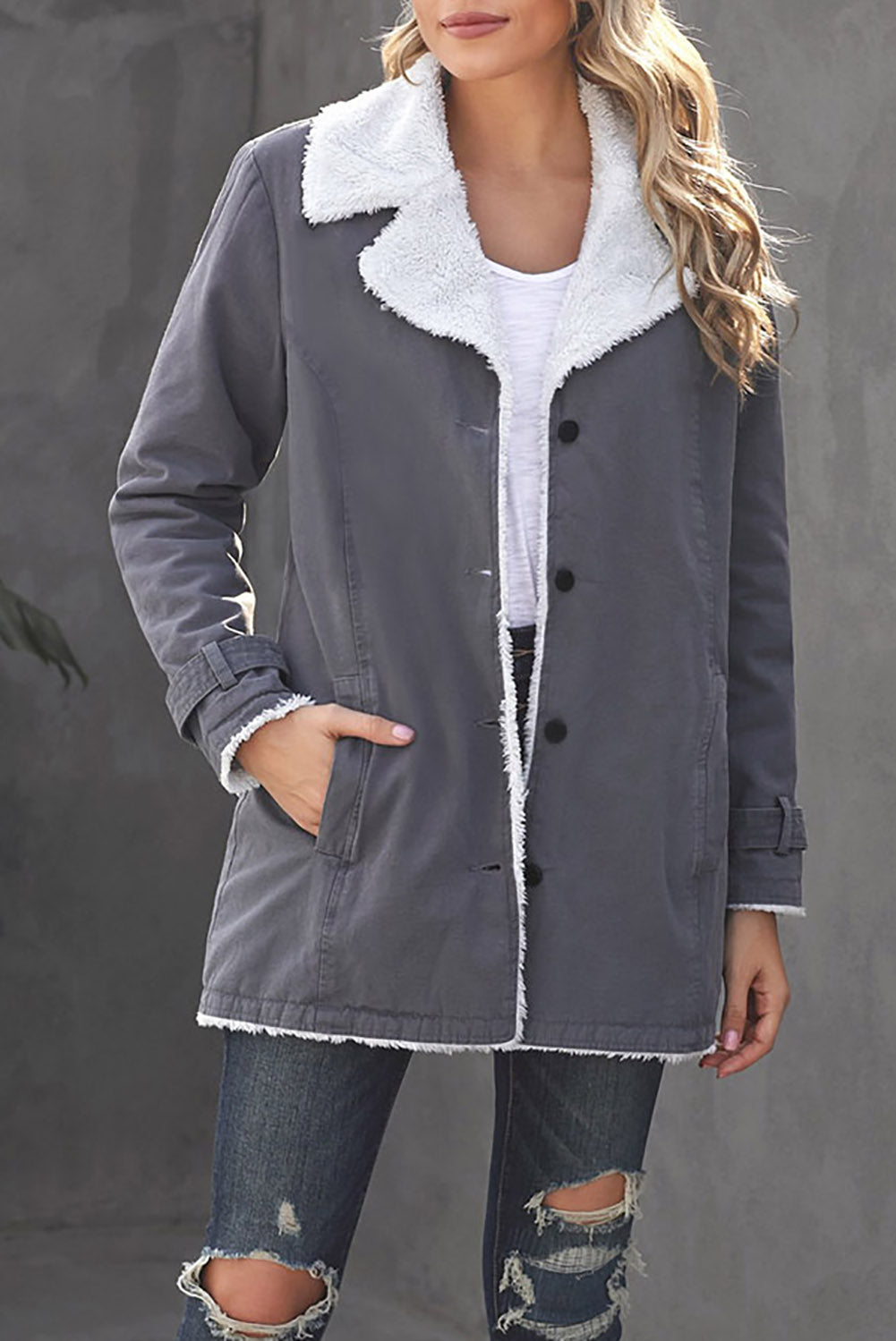 Gray Lapel Collar Fleece Jacket(Plus Size Available)