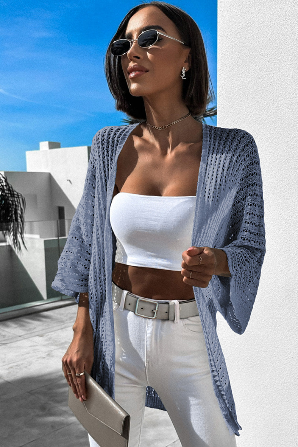 Casual Hollow-out Bracelet Sleeve Knit Cardigan