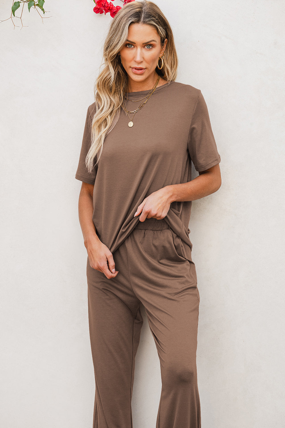 Solid Color T Shirt & Wide Leg Pants Set