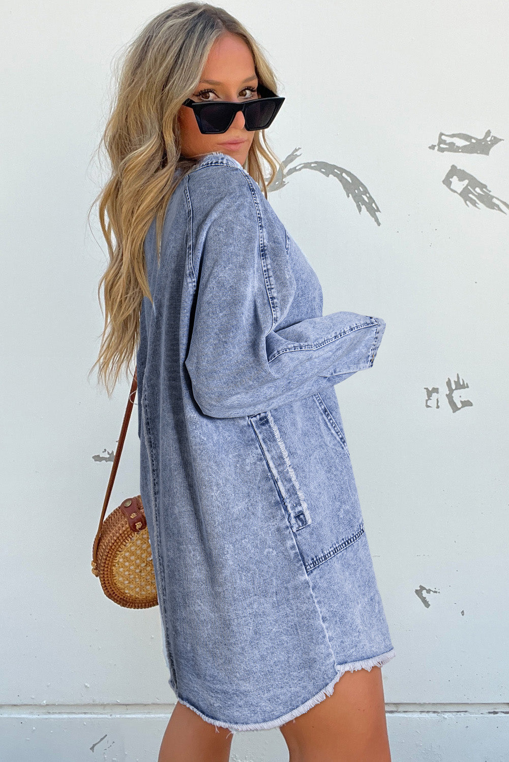 Beau Blue Mineral Wash Raw Hem Pocketed Denim Dress