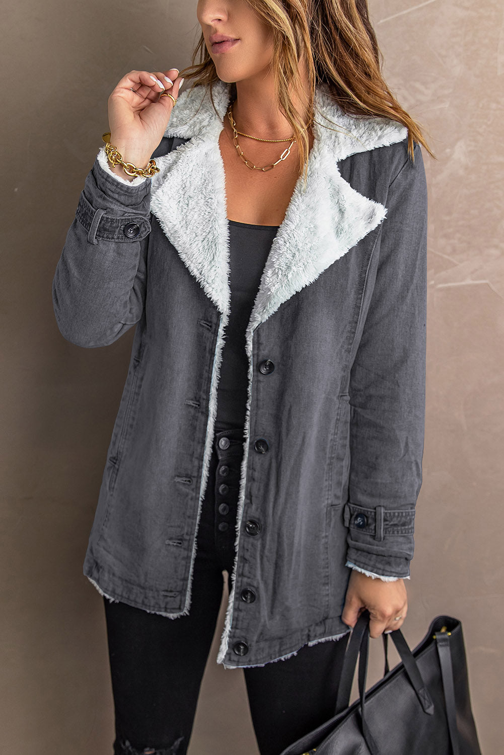 Gray Lapel Collar Fleece Jacket(Plus Size Available)