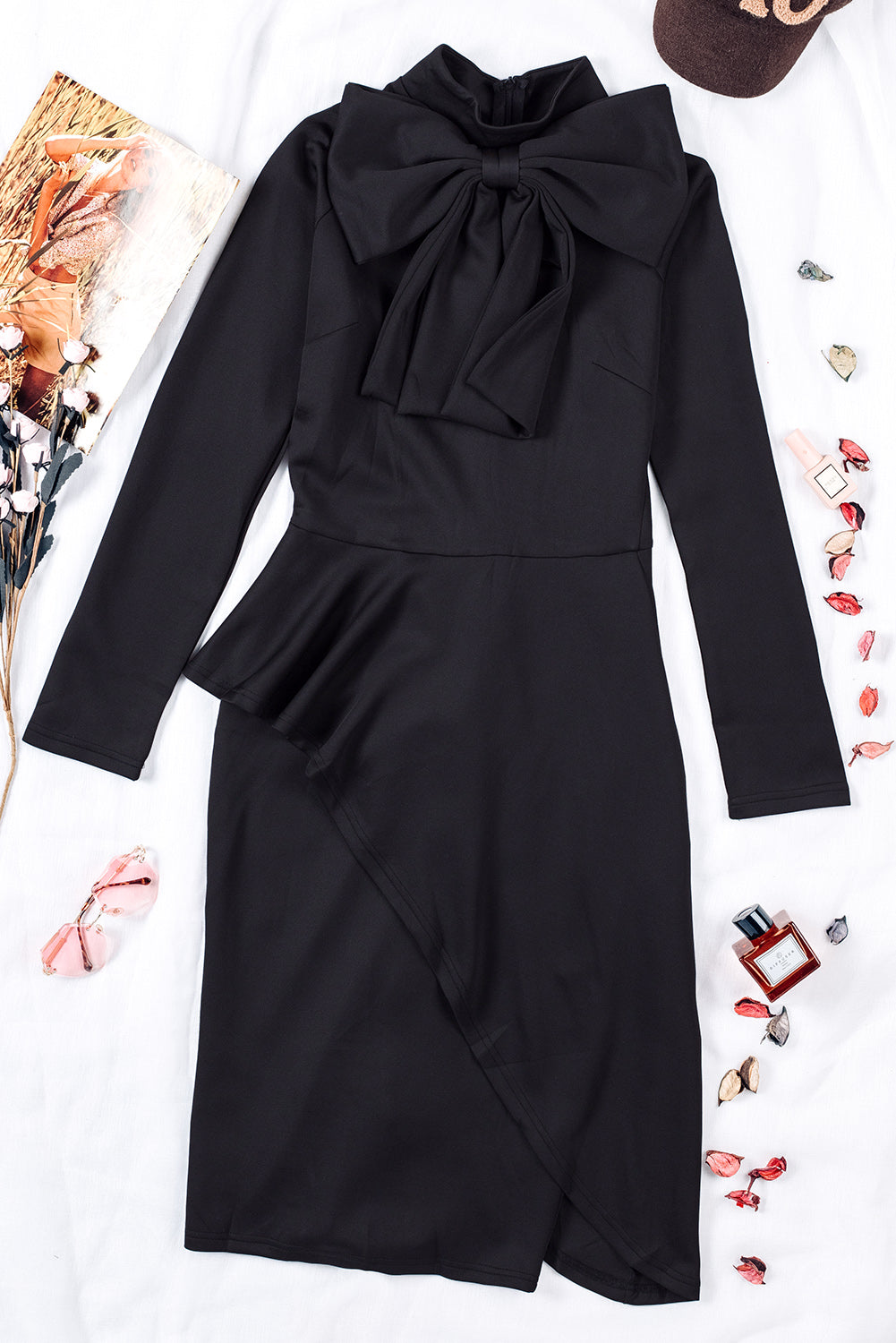 Modest Asymmetric Peplum Style Bow Dress