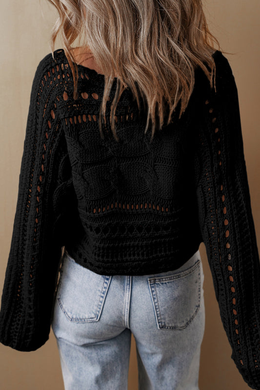 Smoke Gray Hollow-out Cable Knit Cropped Sweater