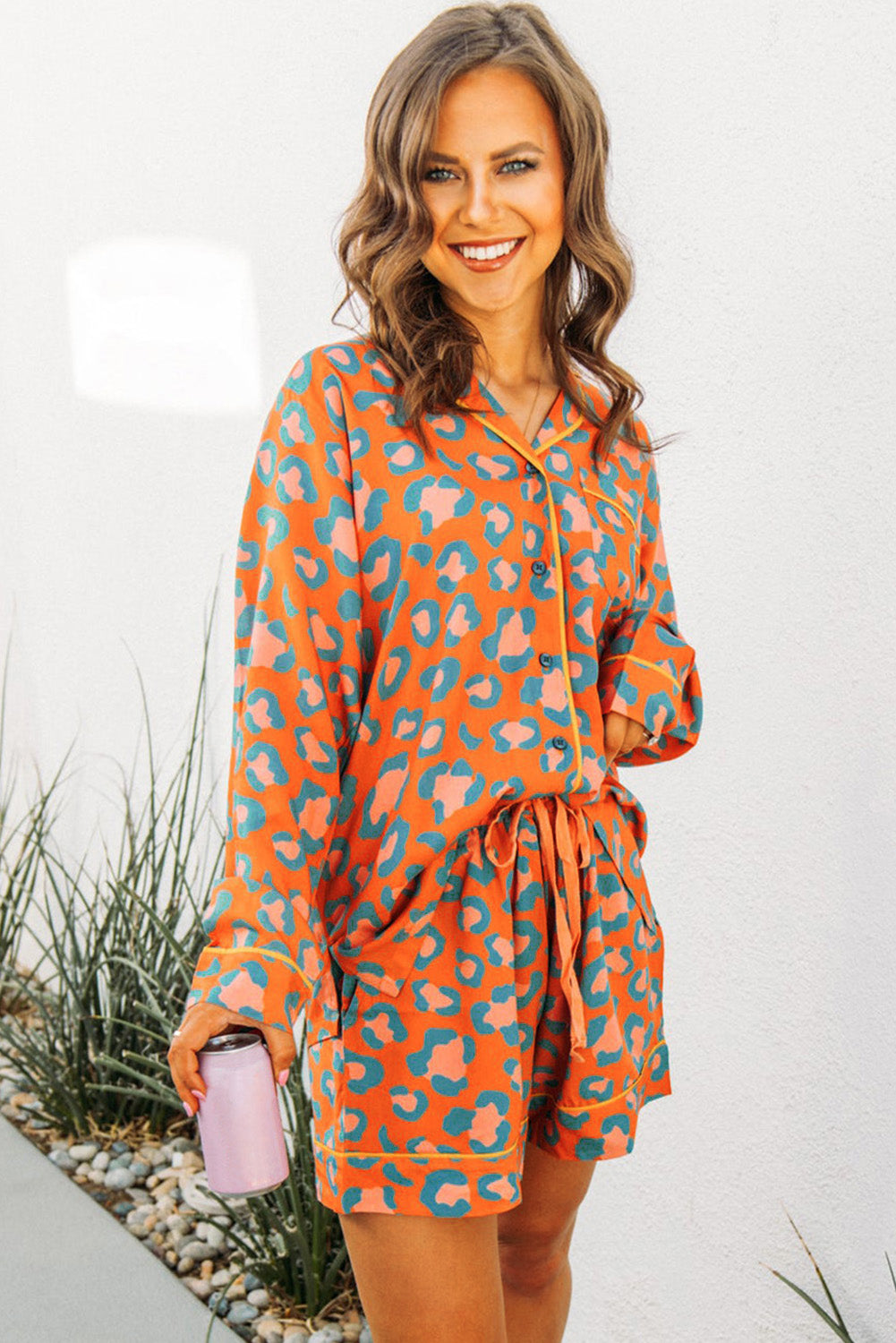 Orange Leopard Print Shorts Loungewear Set