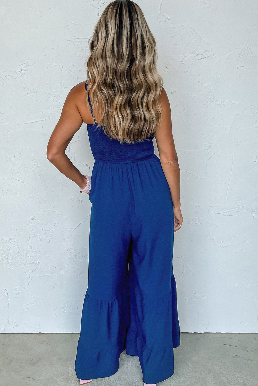 Navy Blue Spaghetti Strap Smocked Wide Leg Jumpsuit