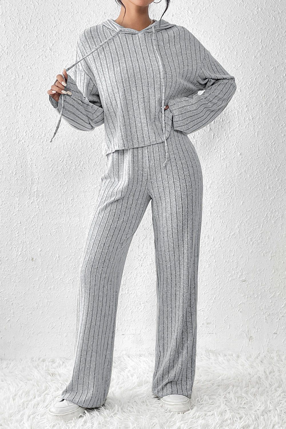 Ribbed Knit Slouchy Hoodie Wide Leg Pants Set