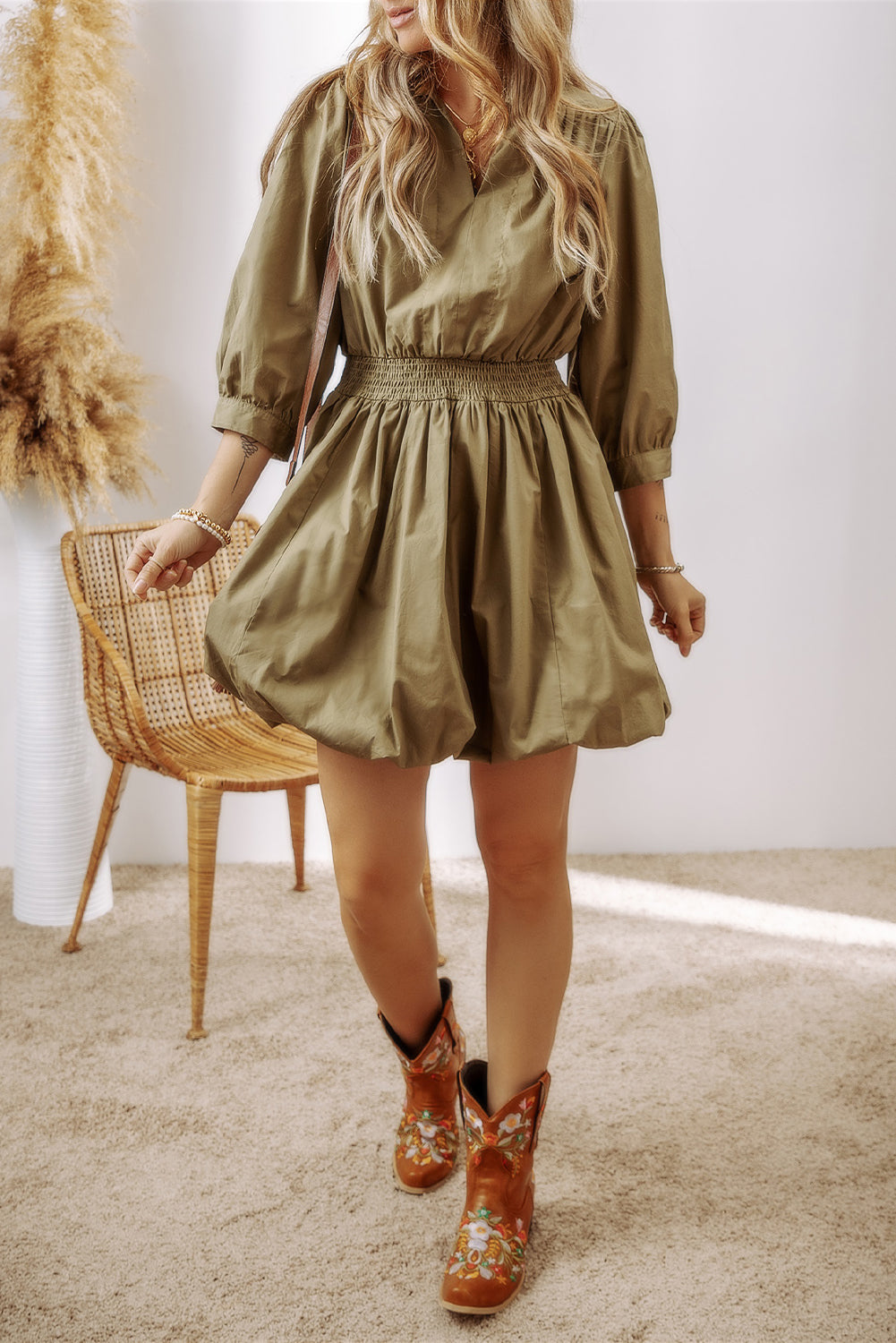 Guacamole Green Smocked Look High Waist Mini Dress