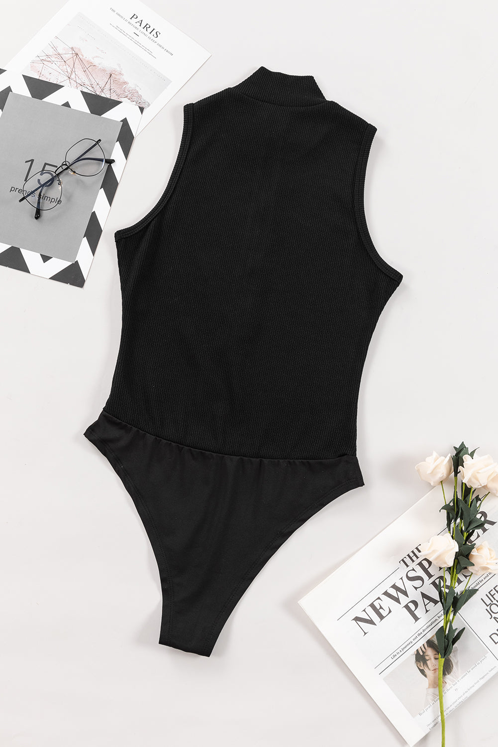 Black Zip Up Mock Neck Ribbed  Bodysuit