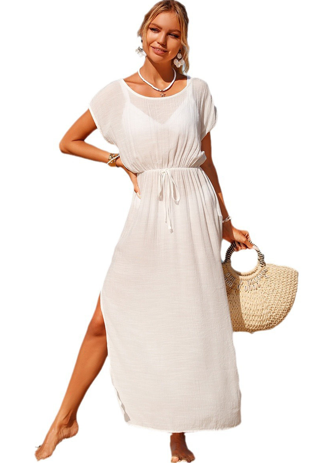 White Flowy Drawstring Side Slit Beach Dress