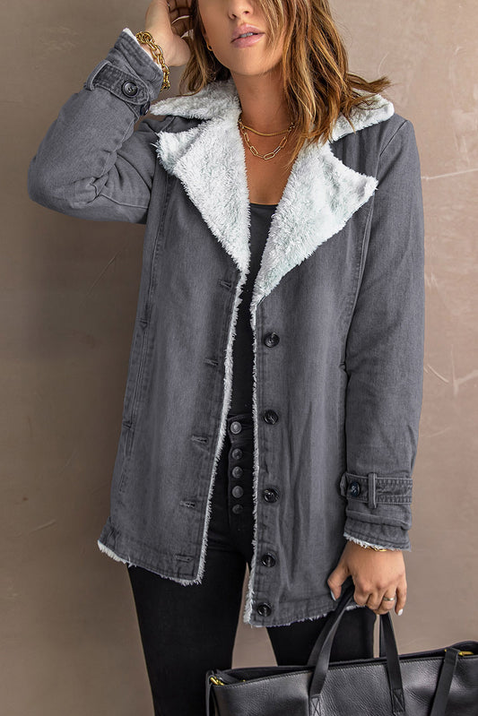 Gray Lapel Collar Fleece Jacket(Plus Size Available)