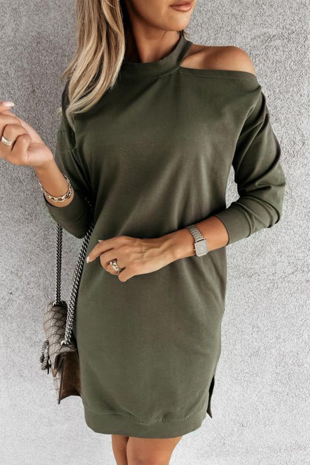 Khaki Off Shoulder T-shirt Dress with Slits