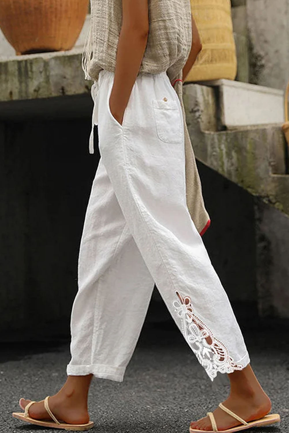 White Lace Splicing Drawstring Pants