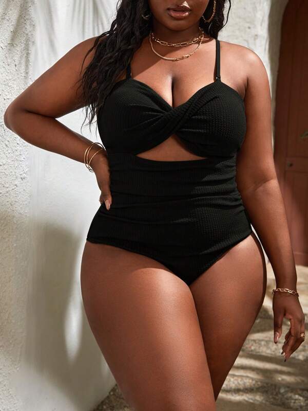 Plus Size Women's Black Slimming Sling Triangle One-piece Swimsuit