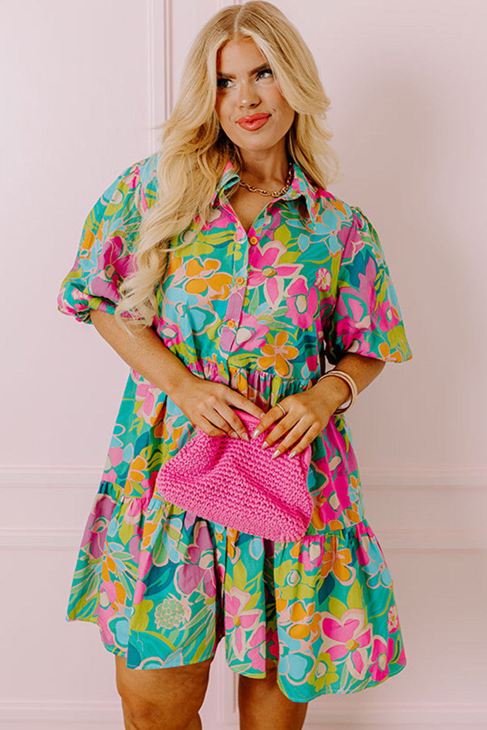 Plus Size Floral Print Tiered Shirt Dress