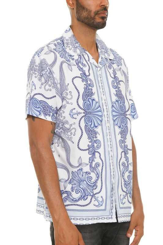 Mens Blue & White Print Button Down