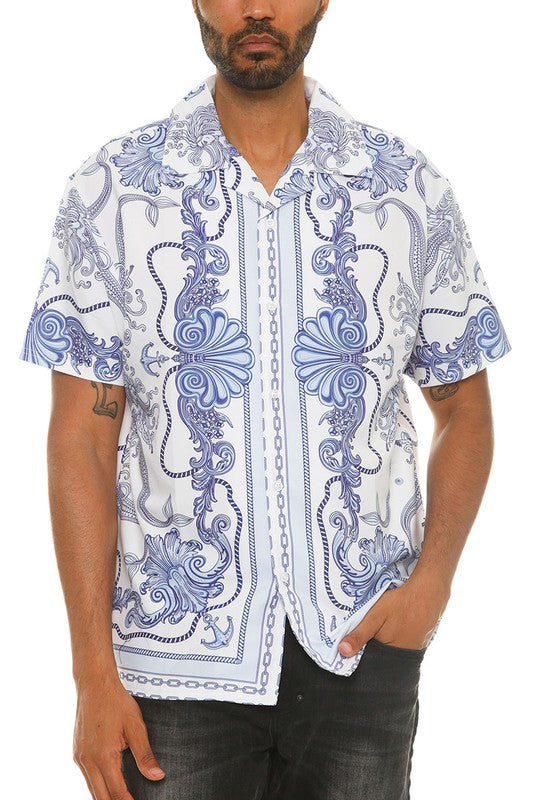 Mens Blue/White Print Button Down Shirt