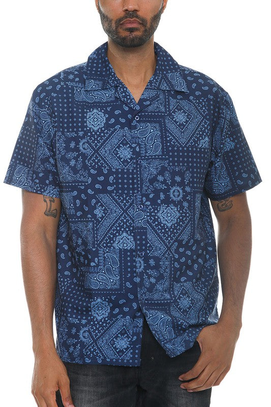 Mens Navy Blue Print Button Down