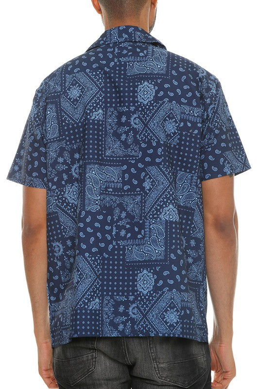 Mens Navy Blue Print Button Down