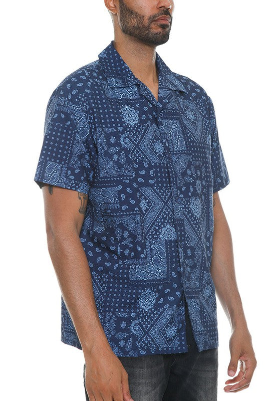 Mens Navy Blue Print Button Down