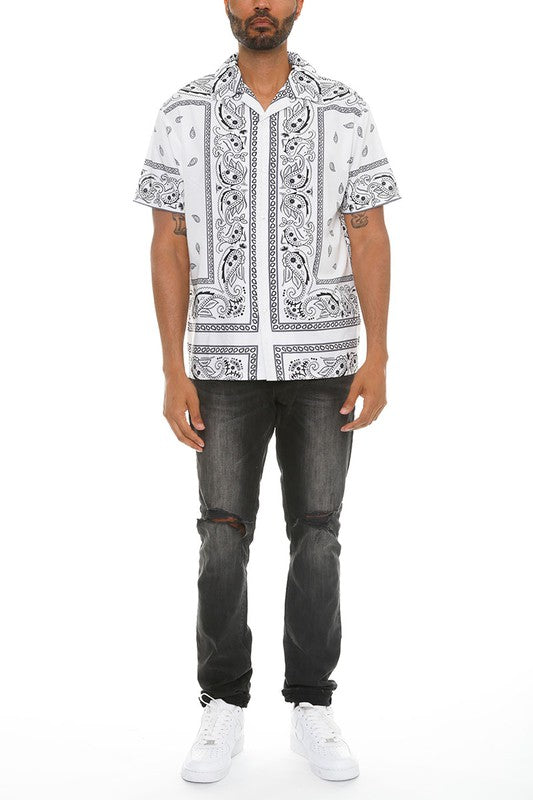 Mens Black & White Print Button Down