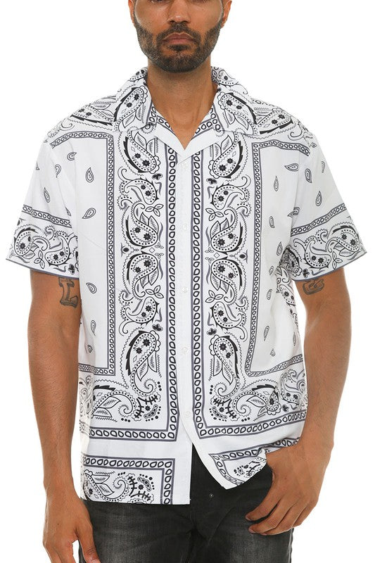 Mens Blk/Wht  Collared Print Button Down