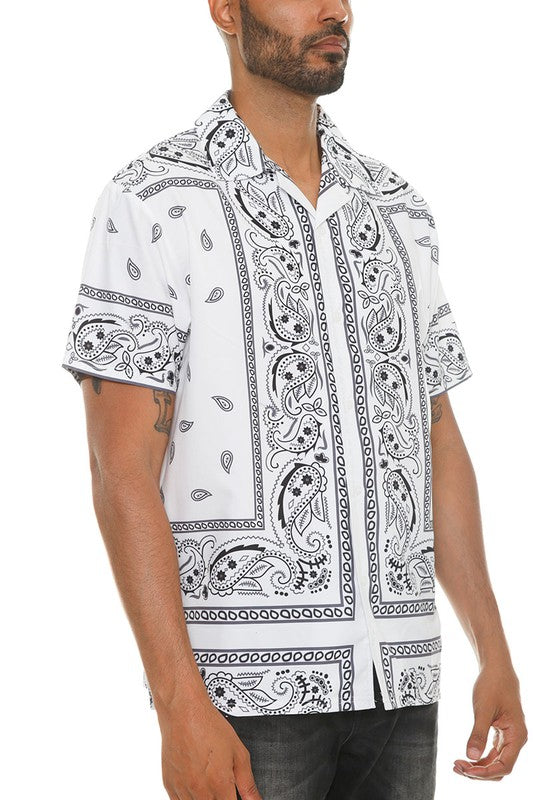 Mens Black & White Print Button Down