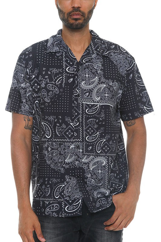 Mens Blk Collared Print Button Down