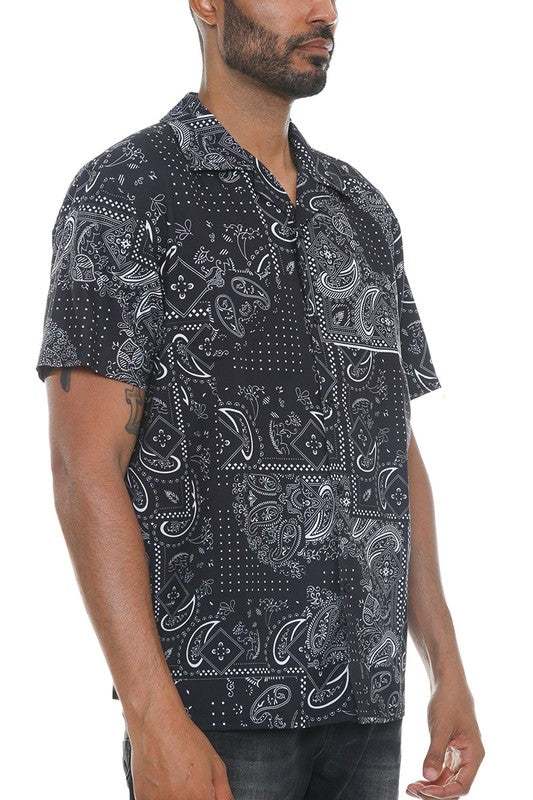 Mens Blk Collared Print Button Down