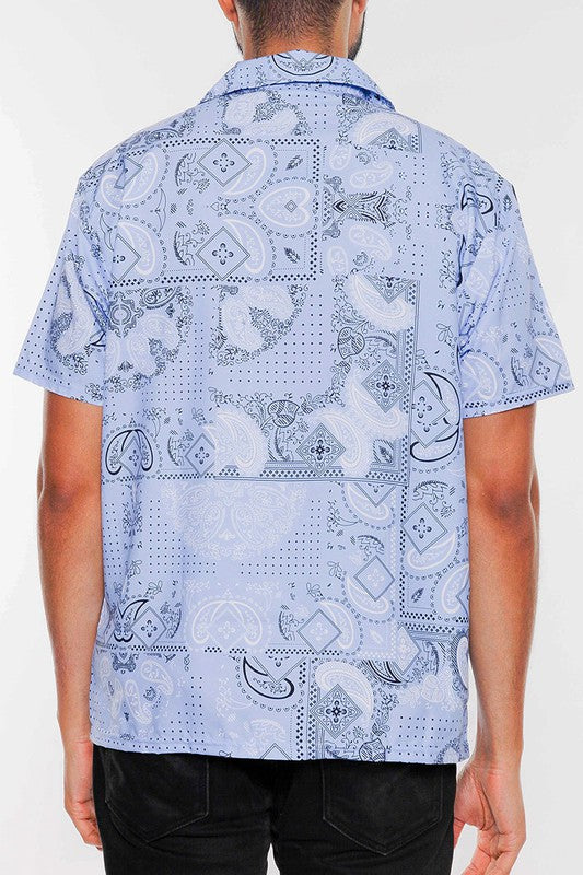 Mens Light Blue Print Button Down