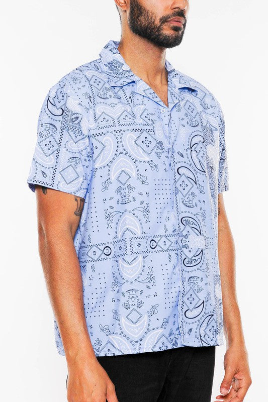 Mens Light Blue Print Button Down